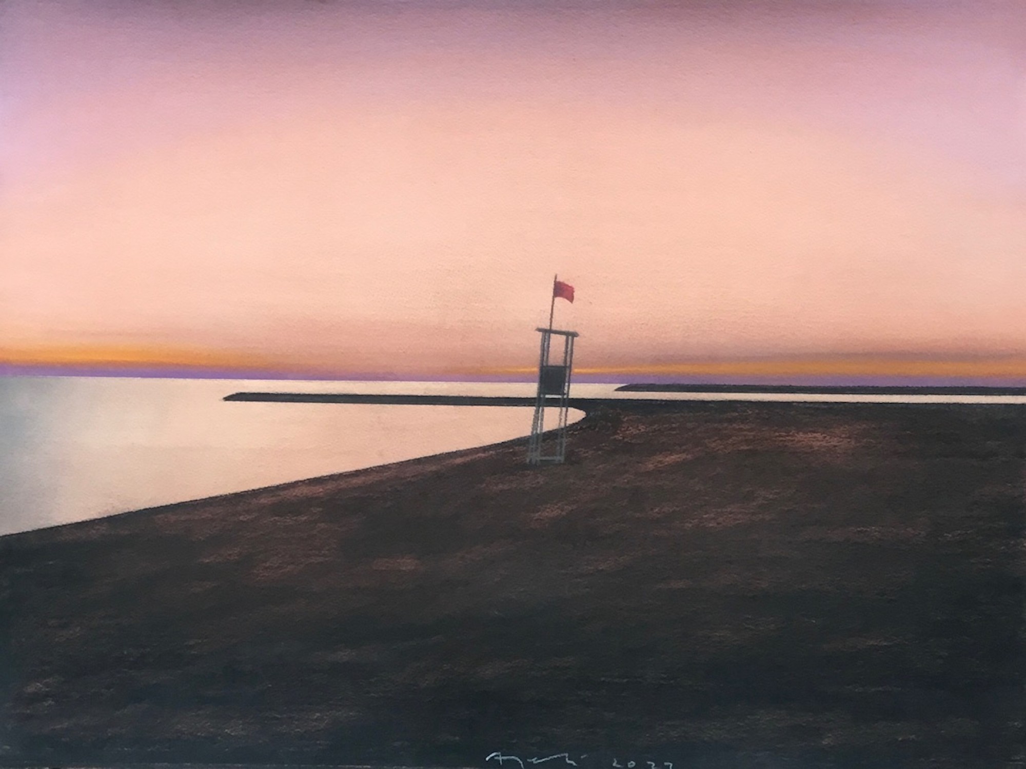 Pastell Gemälde, das einen Rettungsschwimmer-Turm im Sonnenuntergang auf einem
                                          verlassenen Strand zeigt.