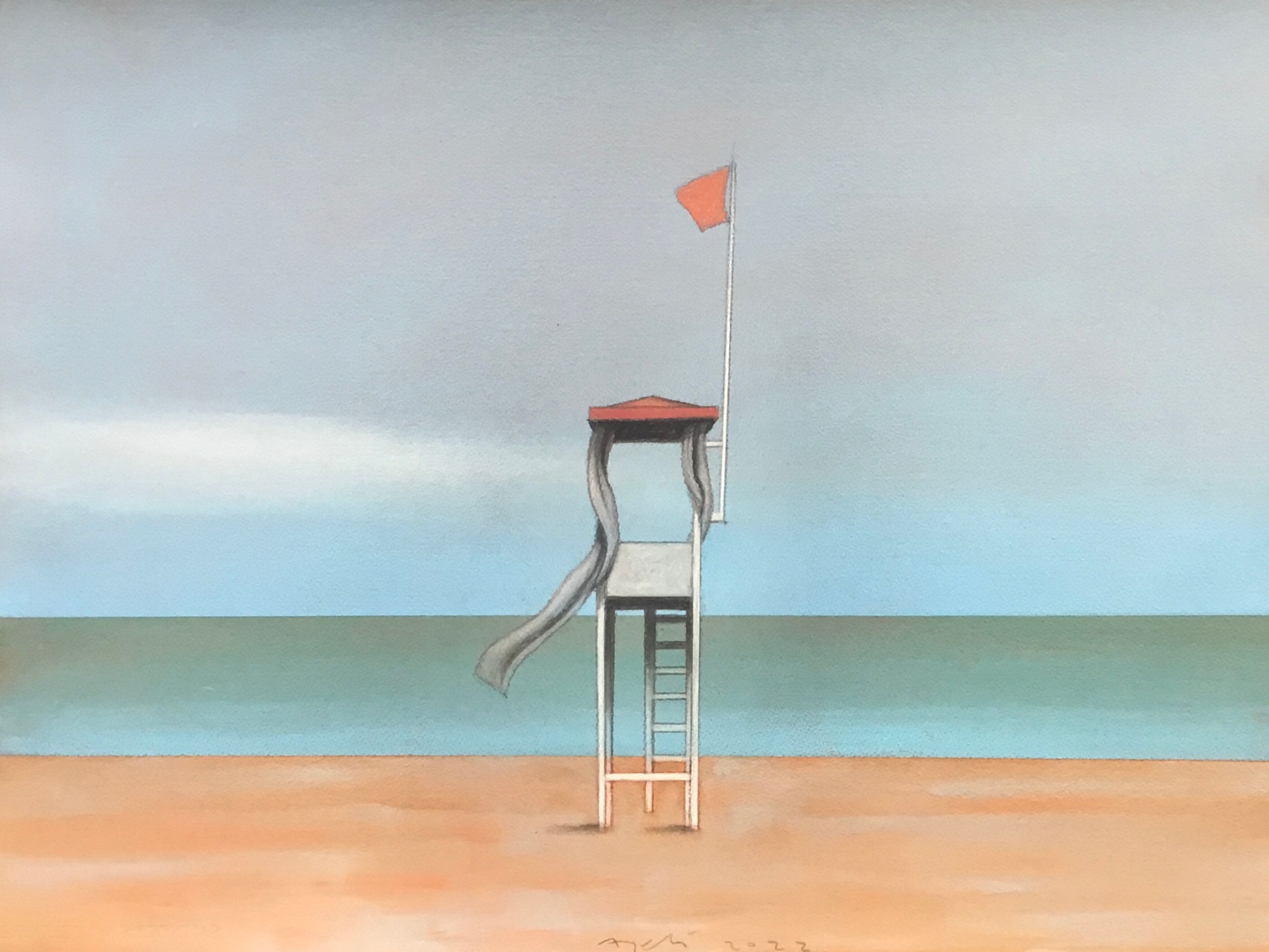 Pastell auf Papier Gemälde, das einen Rettungsschimmer-Turm an einem verlassenen Strand zeigt, dessen Vorhänge im Wind
                                          wehen.
